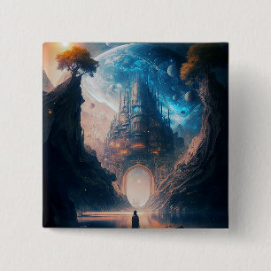 Macaron Carré 5 Cm Bouton paysage de château d'Imaginaire futuriste