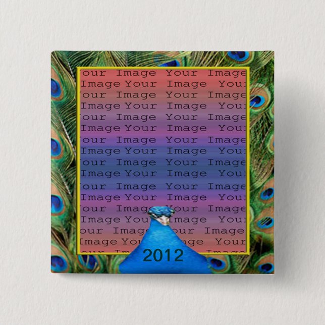 Macaron Carré 5 Cm Bouton photo Mariage Peacock (Devant)