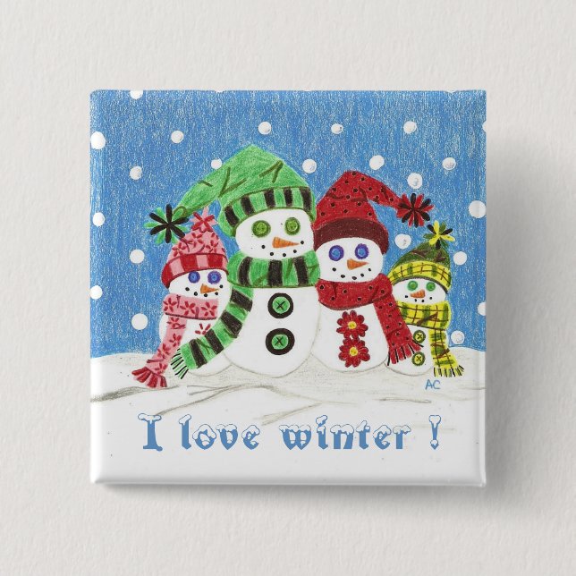 Macaron Carré 5 Cm Bouton portrait famille Snowmen (Devant)