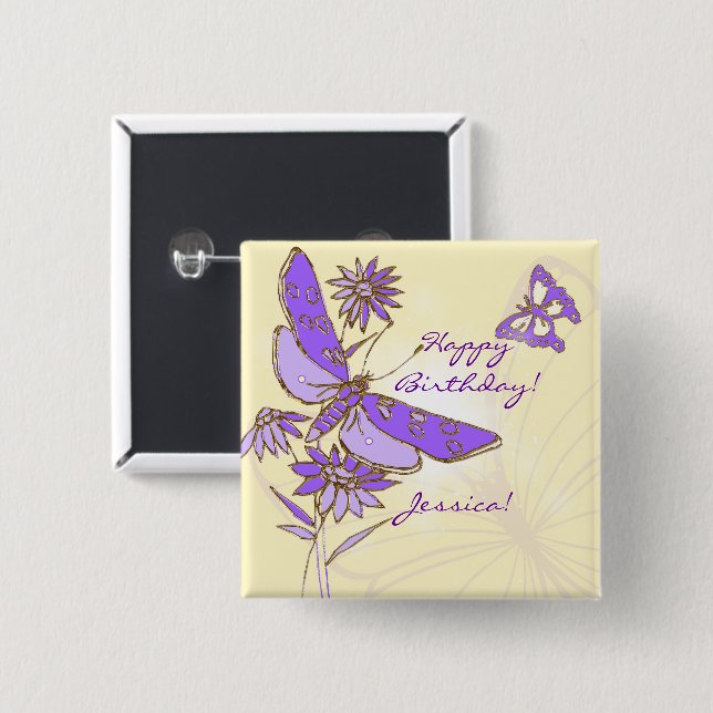 Macaron Carré 5 Cm Bouton pourpre de papillon de pêche (Devant & derrière)