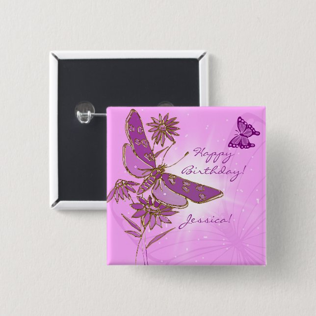 Macaron Carré 5 Cm Bouton pourpre rose de papillon (Devant & derrière)