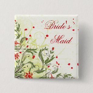 Macaron Carré 5 Cm Bouton rouge Vintage Fleurs Bridesmaid