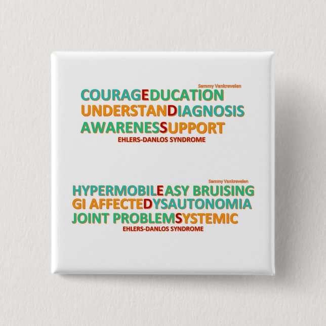 Macaron Carré 5 Cm Bouton Symbole et mots inspirants d'Ehlers Danlos (Devant)