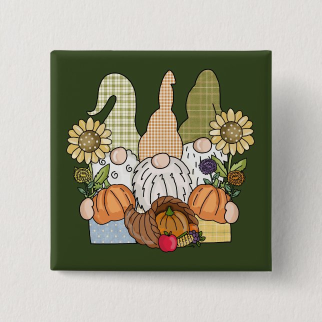 Macaron Carré 5 Cm Bouton Trio Gnomes de Thanksgiving (Devant)