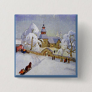 Macaron Carré 5 Cm Bouton vintage de scène d'église de village de