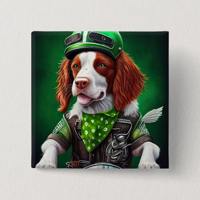 Macaron Carré 5 Cm Brittany Spaniel conduite vélo St. Patrick's Day (Devant)