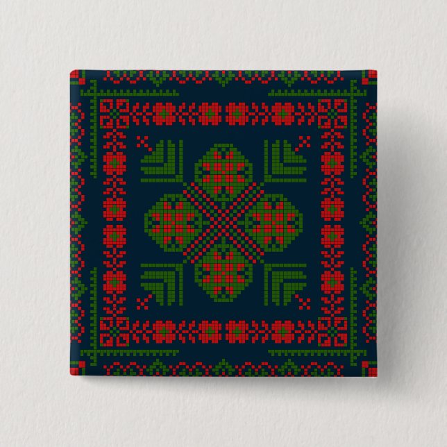 Macaron Carré 5 Cm Broderie palestinienne Tatreez rouge vert 5 Motif (Devant)