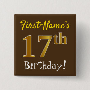 Macaron Carré 5 Cm Brown, Faux Gold 17e anniversaire, avec nom person