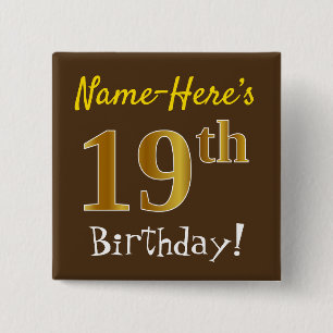 Macaron Carré 5 Cm Brown, Faux Gold 19e anniversaire, avec nom person