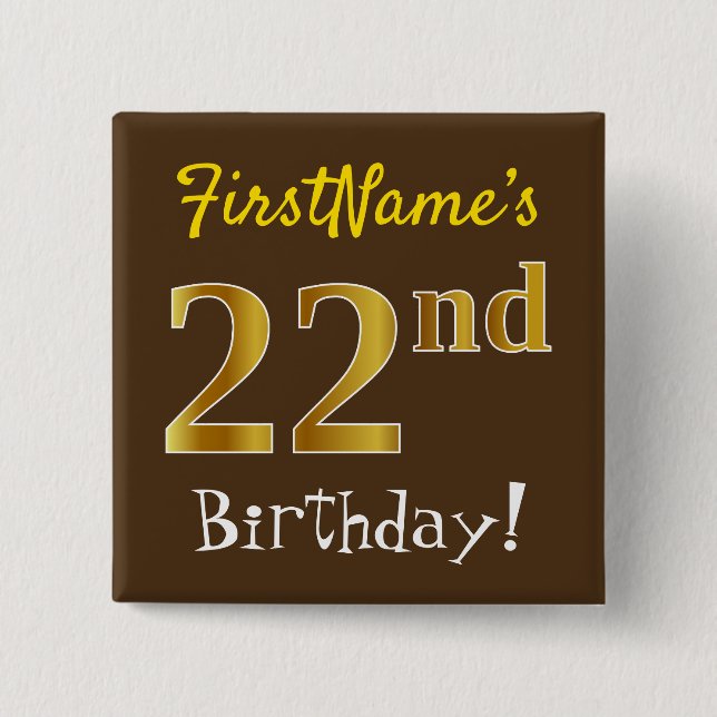 Macaron Carré 5 Cm Brown, Faux Gold 22e anniversaire, avec nom person (Devant)