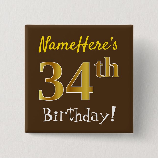 Macaron Carré 5 Cm Brown, Faux Gold 34ème Anniversaire, Avec Nom Pers (Devant)