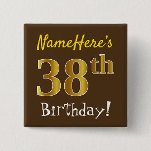 Macaron Carré 5 Cm Brown, Faux Gold 38ème Anniversaire, Avec Nom Pers