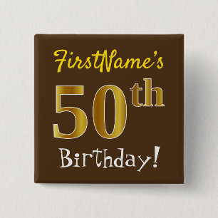 Macaron Carré 5 Cm Brown, Faux Gold 50e Anniversaire, Avec Nom Person