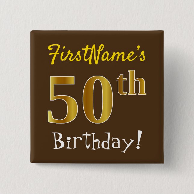 Macaron Carré 5 Cm Brown, Faux Gold 50e Anniversaire, Avec Nom Person (Devant)