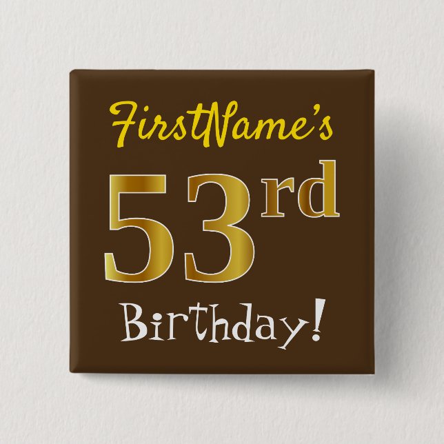 Macaron Carré 5 Cm Brown, Faux Gold 53ème anniversaire, avec nom pers (Devant)