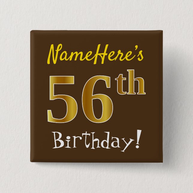 Macaron Carré 5 Cm Brown, Faux Gold 56ème Anniversaire, Avec Nom Pers (Devant)