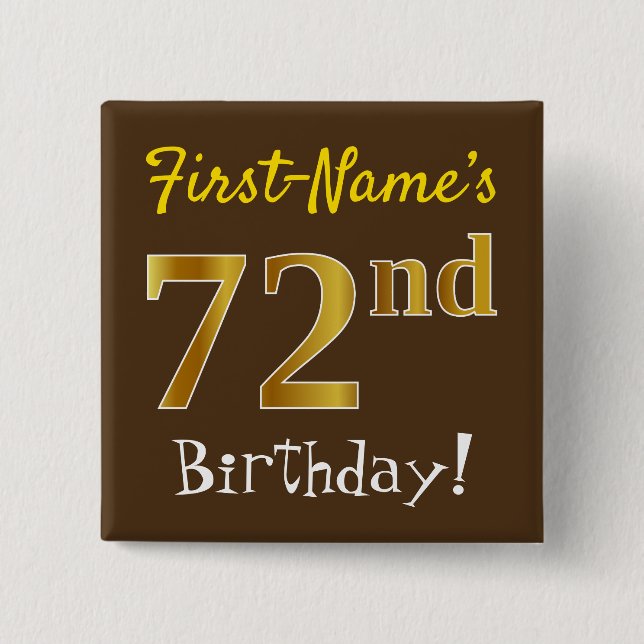 Macaron Carré 5 Cm Brown, Faux Gold 72e Anniversaire, Avec Nom Person (Devant)