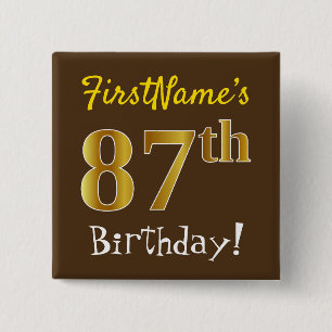 Macaron Carré 5 Cm Brown, Faux Gold 87e anniversaire, avec nom person