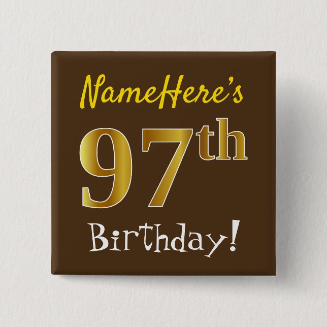 Macaron Carré 5 Cm Brown, Faux Gold 97ème Anniversaire, Avec Nom Pers (Devant)