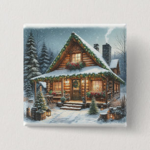 Macaron Carré 5 Cm Cabane enneigée de Noël/hiver rustique