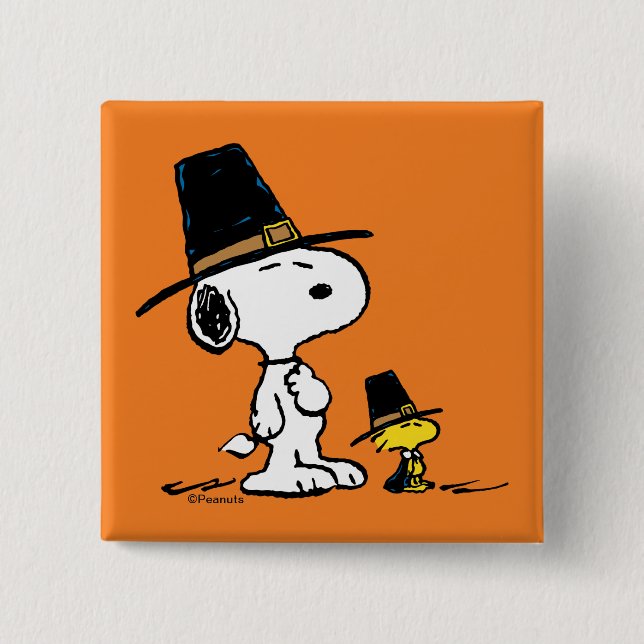 Macaron Carré 5 Cm cacahuètes | Snoopy & Woodstock Pilgrim (Devant)