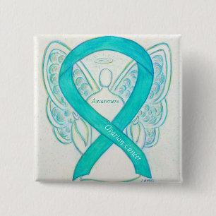 Macaron Carré 5 Cm Cancer de l'ovaire Sensibilisation Turquoise Ruban