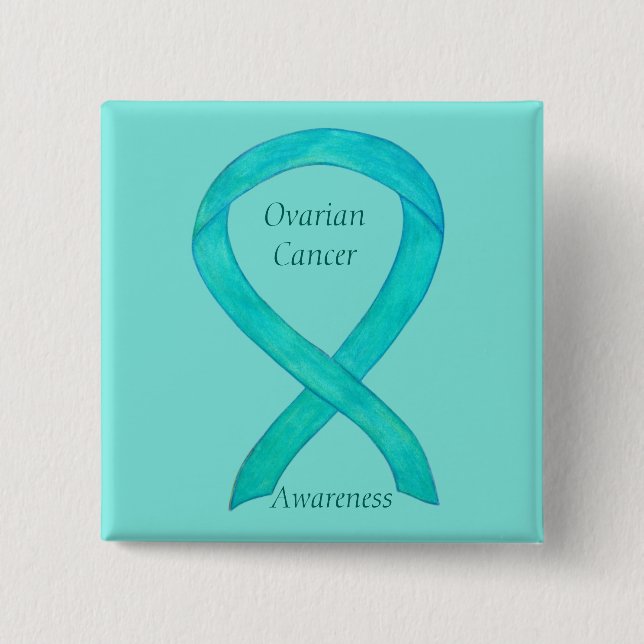 Macaron Carré 5 Cm Cancer de l'ovaire Turquoise de sensibilisation Ru (Devant)