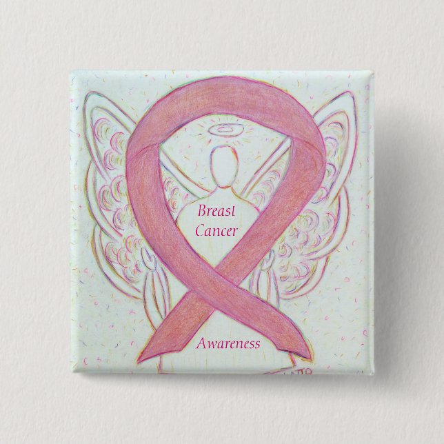 Macaron Carré 5 Cm Cancer du sein Angel Pink Sensibilisation Ruban Ar (Devant)
