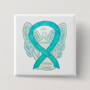 Macaron Carré 5 Cm Cancer utérin Sensibilisation Turquoise Ruban Ange