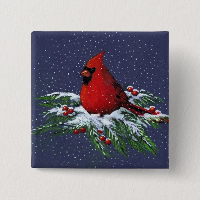 MACARON CARRÉ 5 CM CARDINAL DE NOËL : OISEAU : ART : NEIGE (Devant)
