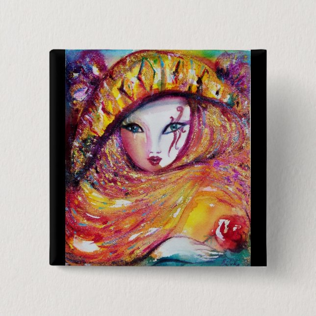 MACARON CARRÉ 5 CM CARNAVAL EN JAUNE D'OR AVEC ROSE ROUGE (Devant)