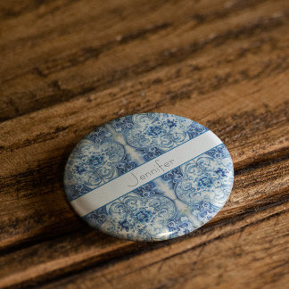 Macaron Carré 5 Cm Carreaux d'antiquité en bleu Delft, personnalisabl