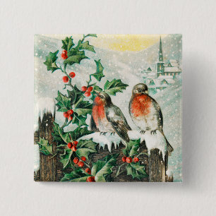 Macaron Carré 5 Cm Carte de Noël vintage avec rouges-gorges, houx, ég
