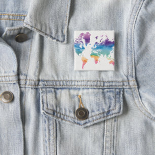 Macaron Carré 5 Cm Carte du monde aquarelle