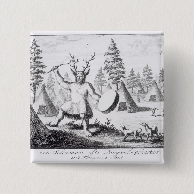 Macaron Carré 5 Cm Chaman de Natif américain (Devant)