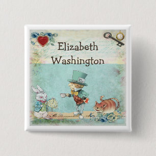 Macaron Carré 5 Cm Chapelier fou Alice dans l'étiquette de nom du