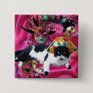 MACARON CARRÉ 5 CM CHAT AVEC CASQUETTE HARLEQUIN ET MASQUERADE DE FÊT