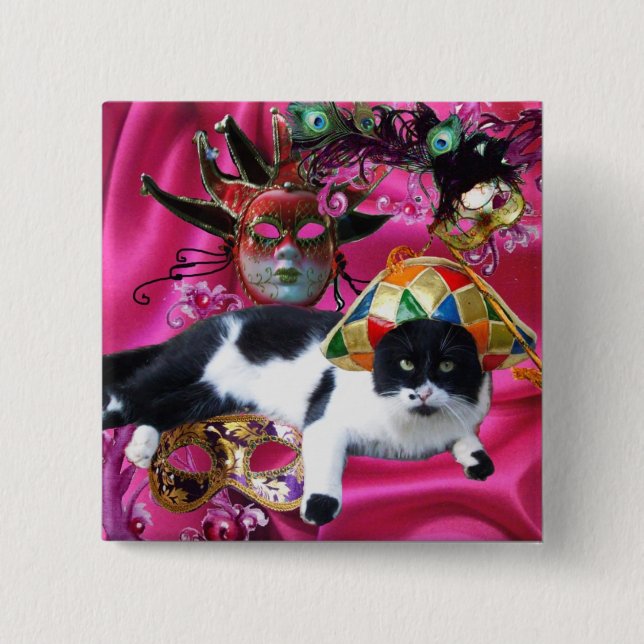MACARON CARRÉ 5 CM CHAT AVEC CASQUETTE HARLEQUIN ET MASQUERADE DE FÊT (Devant)