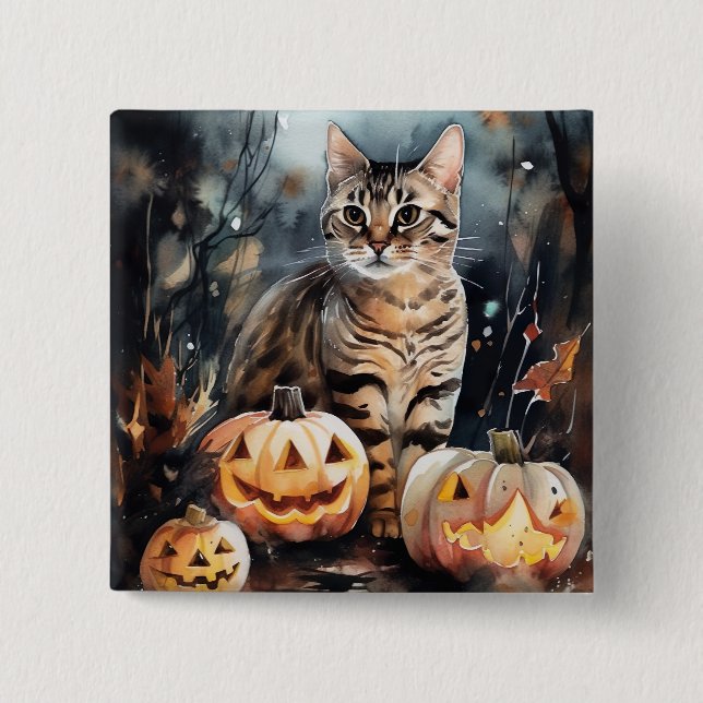 Macaron Carré 5 Cm Chat Bengale D'Halloween Avec Peur Citrouille (Devant)