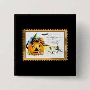 Macaron Carré 5 Cm Chat d'Halloween assis dans une citrouille lumineu