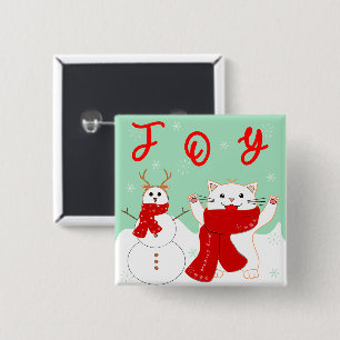 Macaron Carré 5 Cm Chat heureux avec bonhomme de neige   Bouton de No