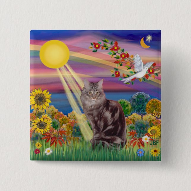 Macaron Carré 5 Cm Chat Maine Coon 10 - Soleil d'Automne (Devant)