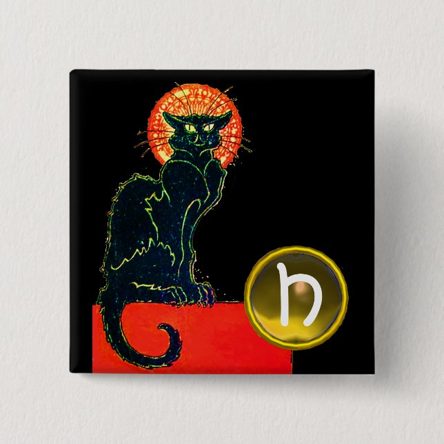 MACARON CARRÉ 5 CM CHAT NOIR HALLOWEEN PARTY MONOGRAM (Devant)