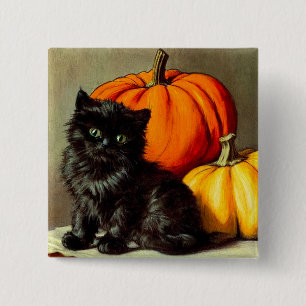 Macaron Carré 5 Cm Chat noir vintage d'Halloween et Citrouilles