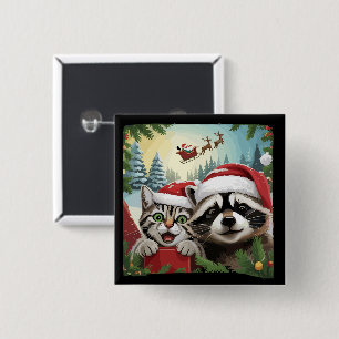Macaron Carré 5 Cm Chat selfie avec le traîneau du Père Noël Raccoon