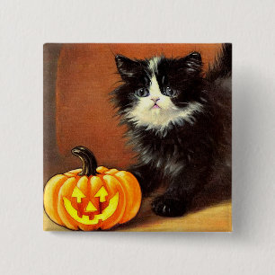 Macaron Carré 5 Cm Chaton d'Halloween noir et blanc vintage