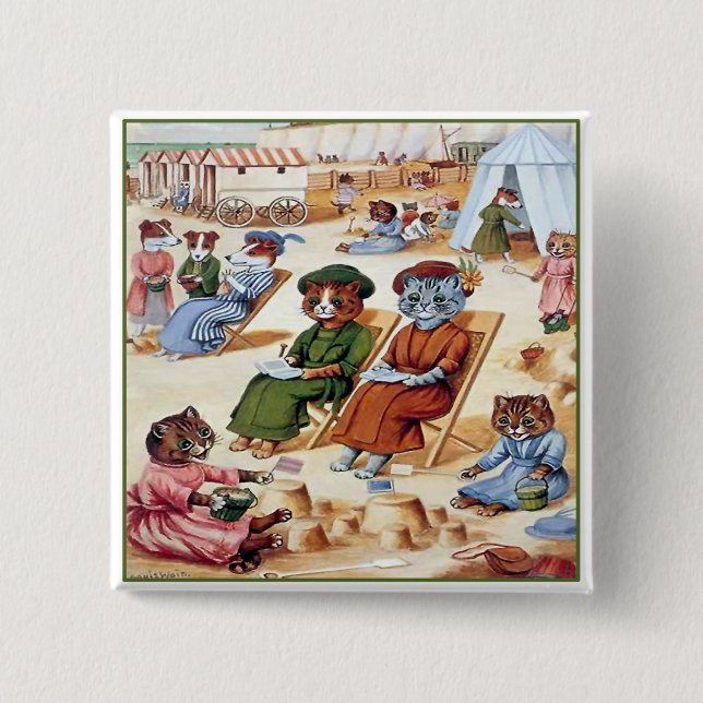 Macaron Carré 5 Cm Chats à la plage par Louis Wain (Devant)