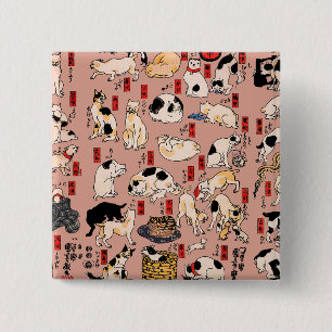 Macaron Carré 5 Cm Chats japonais sur bois ukiyo-e Vintage Kitty