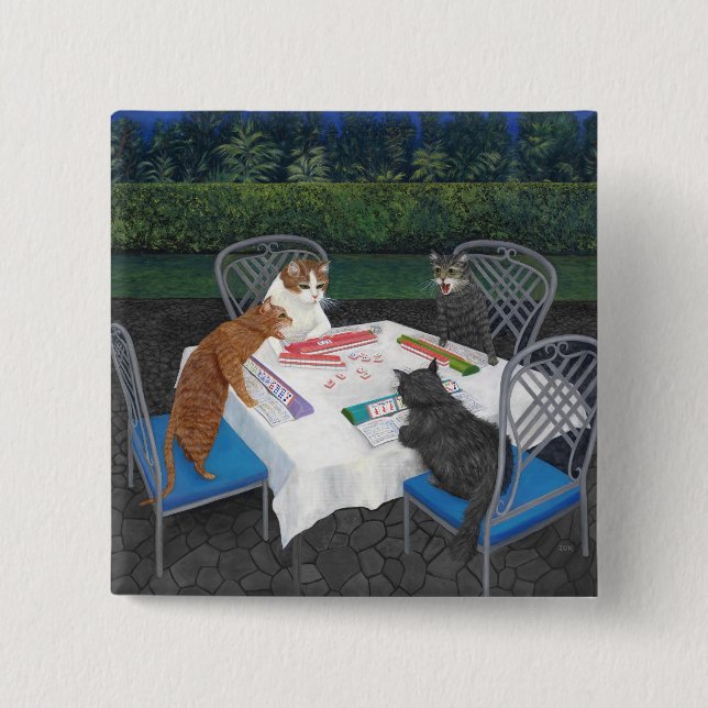 Macaron Carré 5 Cm Chats jouant au Mahjong (Devant)