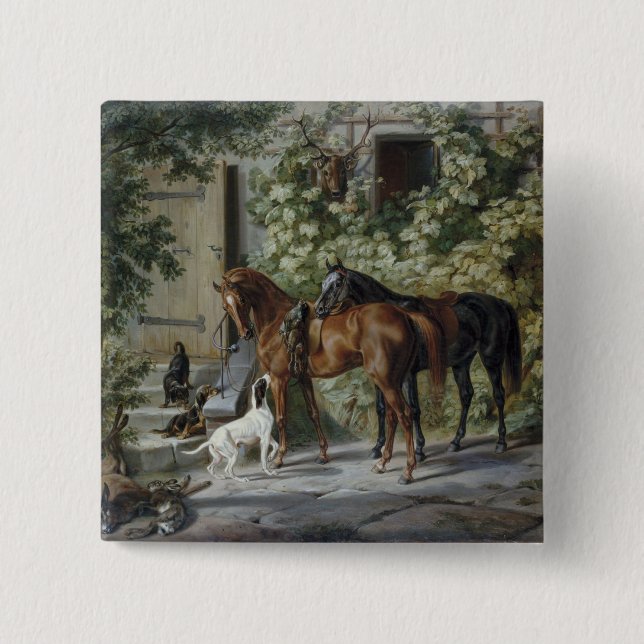 Macaron Carré 5 Cm Chevaux à la Porche (par Albrecht Adam) (Devant)